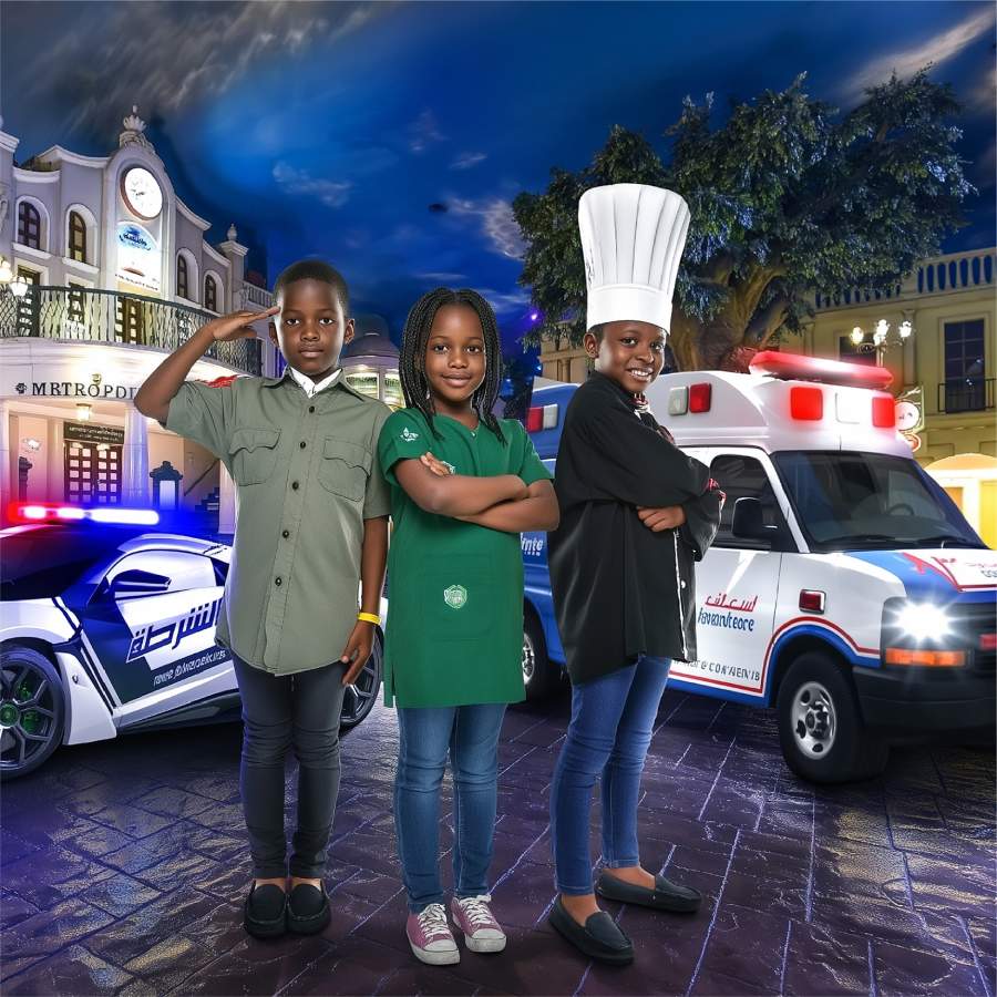 Children dressed as police officer, doctor, and chef in a themed kids’ city setting.