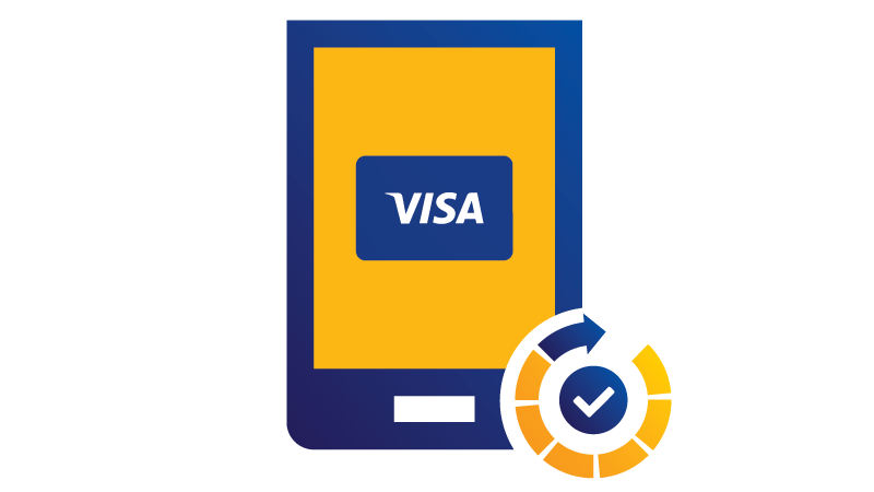 Illustration: tablet displaying Visa logo with checkmark at bottom.