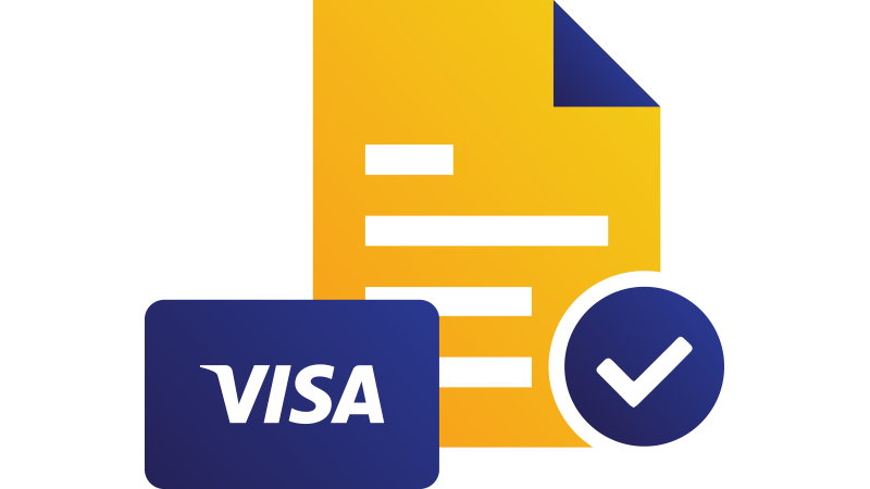Illustration: Visa card overlapping paper page with checkmark at bottom.