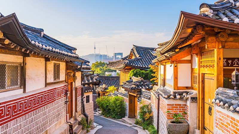 Sunrise of Bukchon Hanok Village in Seoul, South Korea.