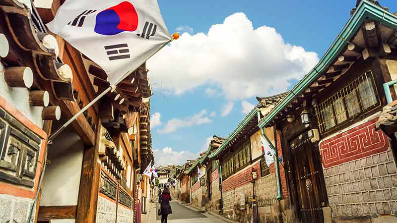 Traditional Korean style architecture at Bukchon Hanok Village in Seoul, South Korea.