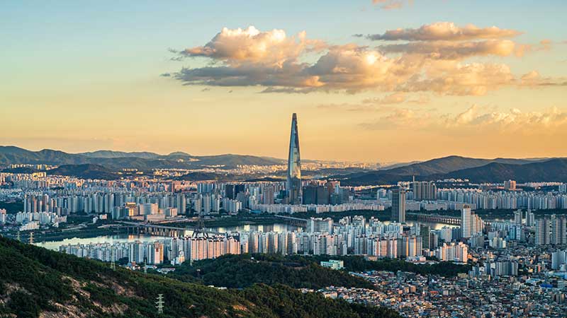 Seoul City Skyline at sunset in Seoul South Korea.